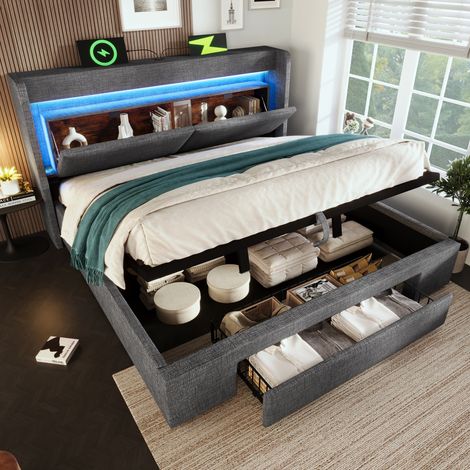 Cama Baúl 180x200 Cm Somier Lamas Y Cabecero Almacenes Gris (1/5)