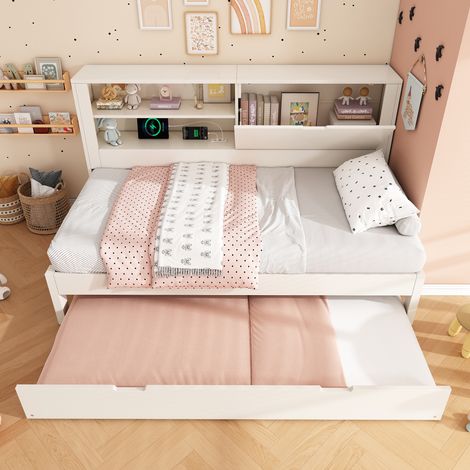 Canapé-lit simple 90×200 cm avec lit gigogne 90×190, cadre de lit blanc avec tête de lit de rangement, niche ouverte, rangement rabattable dissimulé, station de charge USB/USB-C, sommier à lattes, san (1/5)