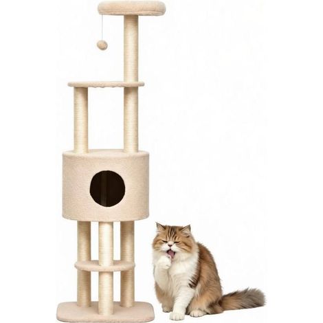 CHICFURN Albero per gatti 45 x 40 x 148 cm beige in truciolato E1, sisal, montaggio semplice (1/5)