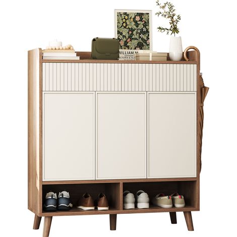 Buffet à Chaussures Blanc/ Bois 90×35×100cm – 3 Portes + 2 Tiroirs + 2 Étagères Ouvertes, Pieds Bois, Anti-Basculement