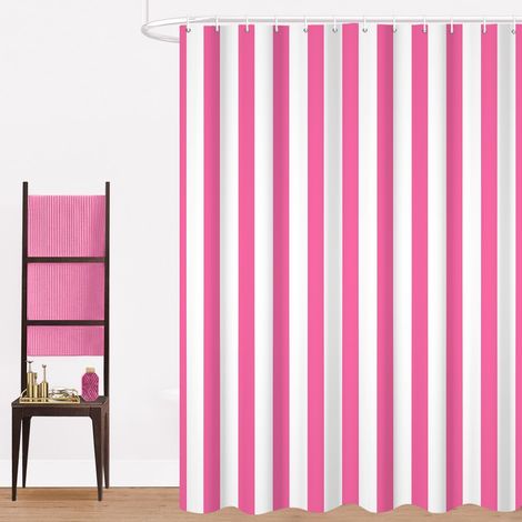 Rideau de Douche, 165x180cm, Rose et Blanc Minimalisme Moderne Rayures Verticales Tissu Pmperméable Machine Lavable Rideau de Salle de Bain avec Crochets (1/5)