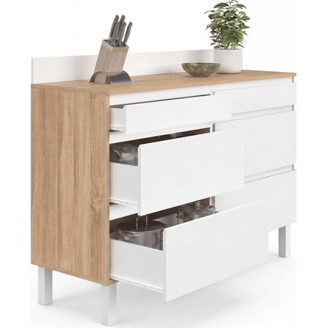 Buffet bas double casserolier de cuisine 120 cm CLAUDE plan de travail H. 83 cm 6 tiroirs bois et blanc (1/5)