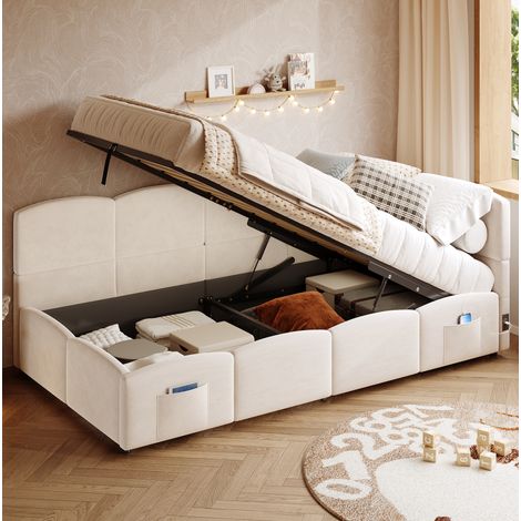 Lit coffre 90x190 cm avec sangle, ports USB et Type-C en velours beige sans matelas (1/5)