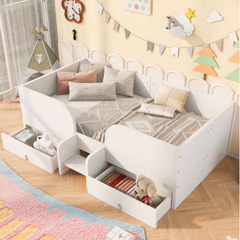 Kinderbett 90x200 cm mit 2 großen Schubladen, Sicherheitsleiter, hohen Seitengittern, MDF, Weiß (1/5)