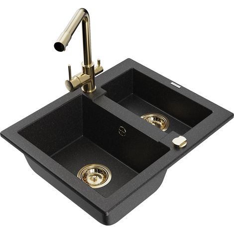 Mexen Carlos fregadero de granito de 1,5 cubetas con grifo de cocina Duero, negro/plateado metálico - 6518-73-671600-50 (1/5)