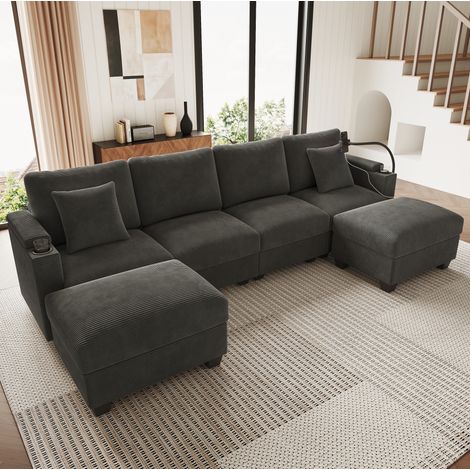 Canapé modulable en U 5-6 places, en corduroy gris, avec fonction lit OKMYHOME (1/5)