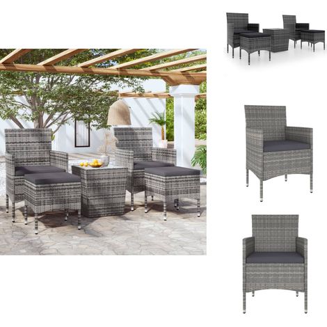 5-tlg. Garten-Bistro-Set Poly Rattan und Hartglas Grau - Gartensitzgruppe - Outdoor Esstisch - Gartenmöbel Set - Rattan Gartenmöbel - Graue Gartenmöbel (1/5)