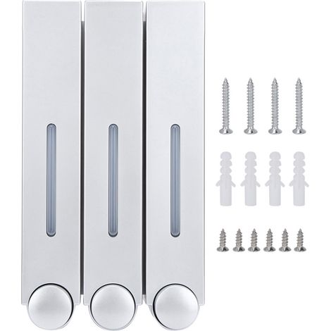Dispensador mural de 3 cabezales para gel de ducha y champú – Modelo 6028 fabricado en ABS plateado – Capacidad 420 ml x 3 – Montaje en pared (1/5)