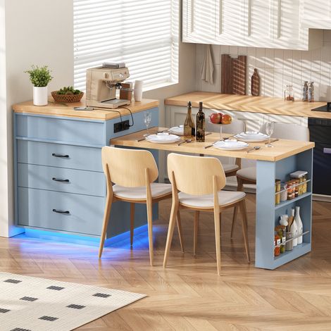 Isola cucina con tavolo estensibile e ruote, LED e prese USB/Type-C, blu, OKWISH (1/5)