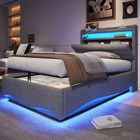 lit adulte rangement 90x200 cm LED USB en lin gris clair OKMYHOME (1/5)