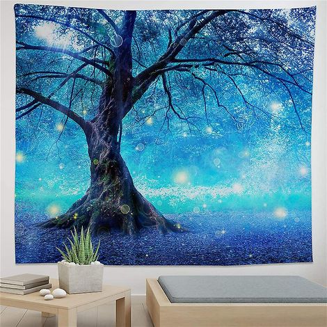 Tapisserie murale Forêt magique Arbre bleu - Décoration murale pour chambre ou salon - 130 x 150 cm (1/5)