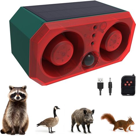 Détecteur de Mouvement Solaire extérieur : Dissuasion 130 DB Double Haut-Parleur, lumière de Mouvement et télécommande Dissuasion des Animaux pour Cour/Ferme/poulailler (1/5)