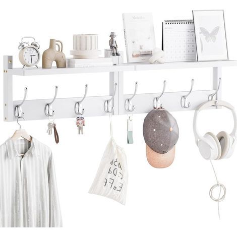 Portemanteaux Avec Étagère Mural 80 cm, Étagère Suspendue en Bambou pour l'entrée, 2 Paquets, Pour la Décoration de L'entrée, le Rangement des Vêtements (Blanc+Argent) (1/5)