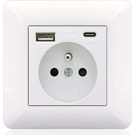 Panneau de prises françaises Type-c+USB16A Type 86, nombre de prises : 2 trous, nombre de ports USB : 1, nombre de ports type-c : 1, sûr et ferme(arc blanc) (1/4)