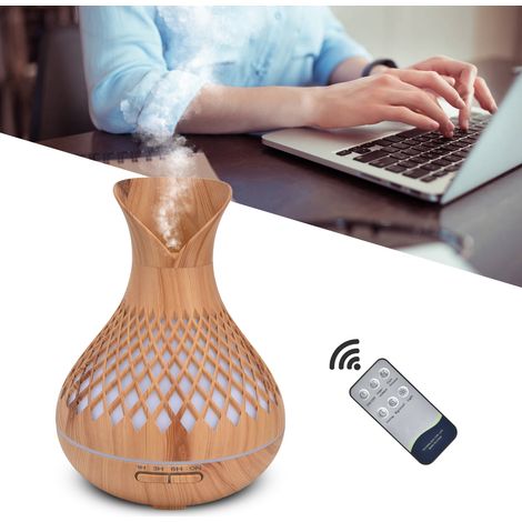 Humidificateur d'ambiance 500 ml, aspect bois, avec télécommande et veilleuse intégrée. Vase en bois. Batterie intégrée. Compatible 100-240 V (norme britannique). (1/5)