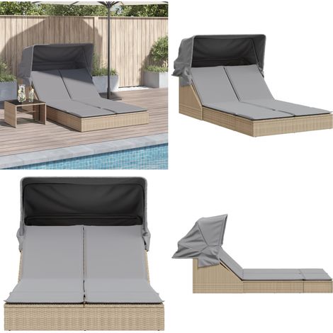 Chaise longue double avec auvent et coussins beige poly rotin - Chaises Longues - Chaises Longues Doubles - Transats - Lit De Bronzage - Mobilier De Jardin - Home & Living (1/5)