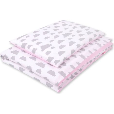 Juego de cama de bebé de algodón de dos piezas de doble cara - nubes grises/rosas (1/4)