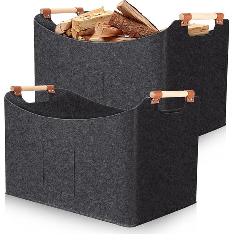 Lot de 2 paniers à bûches 67 l et 96 l, sac à bûches en feutre avec poignées en bois, panier à bûches de 5 mm d'épaisseur pliable, panier en bois robuste pour cheminée, salon, jardin et porte-journaux (1/5)