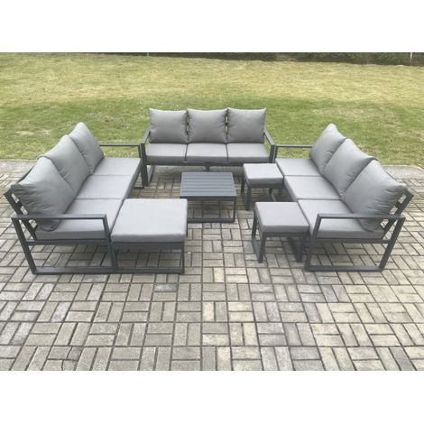 Fimous Aluminium Outdoor Garden Furniture Set Patio Lounge Sofa with Square Coffee Table 3 Footstools Conservatory Set Dark Grey (1/5)