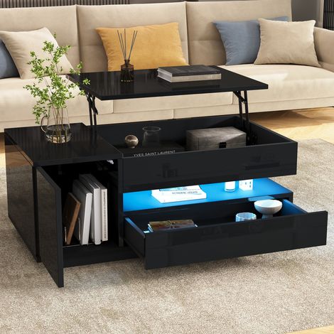 Table basse relevable 95x50x40 cm noire en panneau de particules avec LED et rangement (1/5)