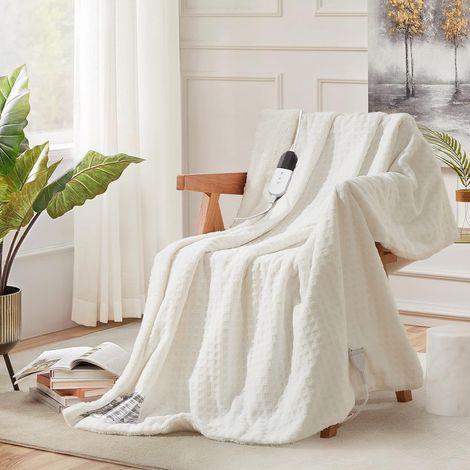 Couverture Chauffante Électrique XXL 180x130 cm Blanc Cassé, Flanelle Douce, 6 Niveaux, Minuterie 1‑10h, Arrêt Auto, Lavable (1/5)