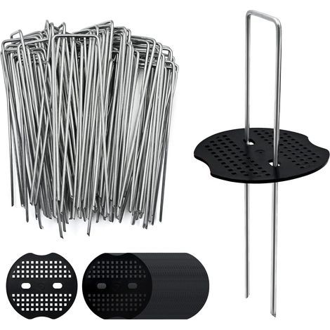 100 Gartenanker à 15 cm und 100 Ankerscheiben, verzinkte Stahl-Gartenpfähle, robuste U-förmige Nägel für Unkrautvlies, Gärten und Zelte. (1/5)