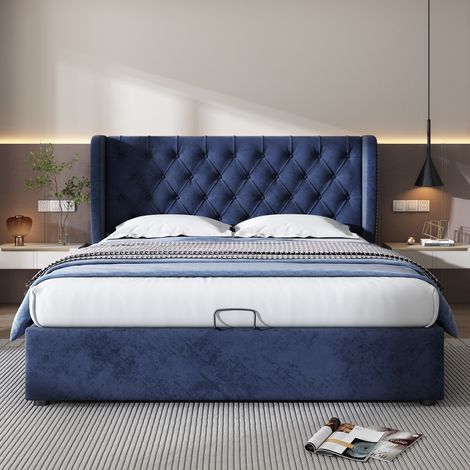 Blue Velvet Upholstered Hydraulic Storage Bed,135x190cm,Mattress Not Included (1/5)