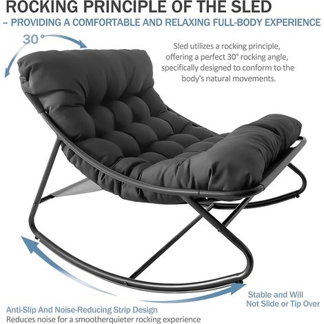 Fauteuil à bascule d'extérieur avec coussin épais with Ottoman, confortable et gris, structure noire, idéal pour salon, chambre et coin lecture (1/5)