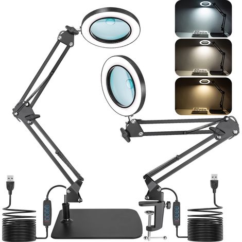 2 en 1 Lampe de Bureau Loupe 15 x 10X Loupe avec Lumière et Support Lampe de Bureau avec 3 Modes de Couleurs Réglables pour 2 4 55 virgule 1 pouces (1/4)