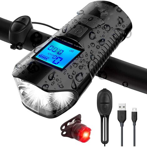 Ensemble d'éclairage vélo, compteur de vitesse, feux LED, avertisseur sonore, feu arrière USB, phare avant (écran LCD)