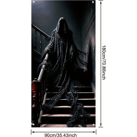 Rideau de porte de salle de bain sur le thème d'Halloween, motif Faucheuse, bannière décorative tête de mort effrayante - 90 x 180 cm (perforé + ruban) - Style 30