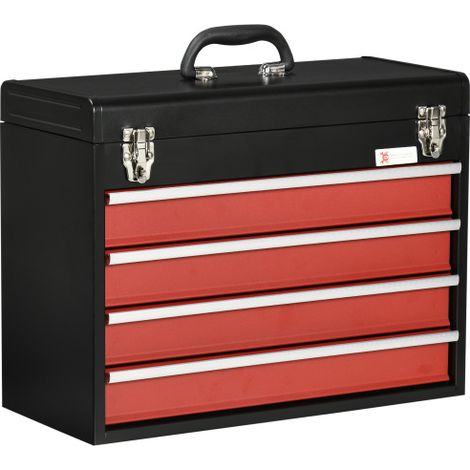 Boîte à outils métallique 51x22x39.5 cm avec 4 tiroirs,poignées,v
errouillable,rouge noir