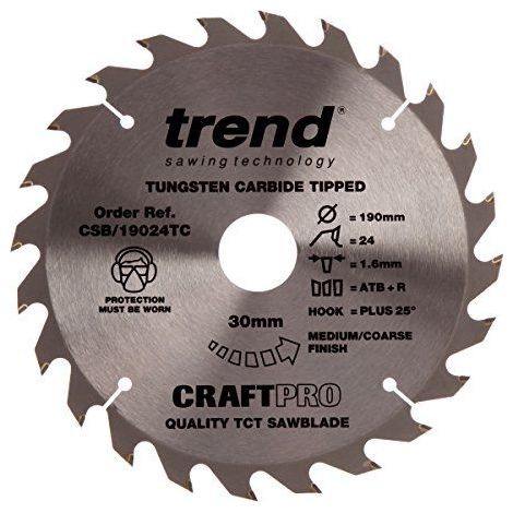 Lame de scie TCT a trait fin Trend CraftPro, 190 mm x 24 dents x 30 mm alesage, pointe en carbure de tungstene, CSB/19024TC