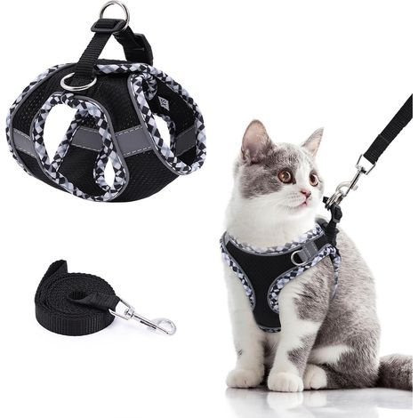 Harnais et laisse pour chat et petit chien, ensemble de harnais réglable et respirant avec maille douce, gilet anti-traction réfléchissant pour balade en toute sécurité (1/5)