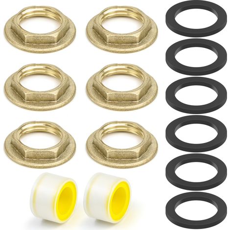 Lot de 6 écrous de sécurité hexagonaux à bride - Écrou à bride de 1/2" - Avec joint et bande d'étanchéité filetée - Filetage intérieur en laiton - Pour robinet, lavabo, sanitaire (1/5)