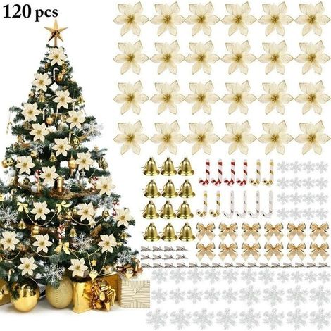 120-teiliges Set künstliches Weihnachtsblumen-Arrangement mit Schneeflocken, Weihnachtsbaumdekoration, künstlichem Blumenset für Festtage, Gold (1/5)