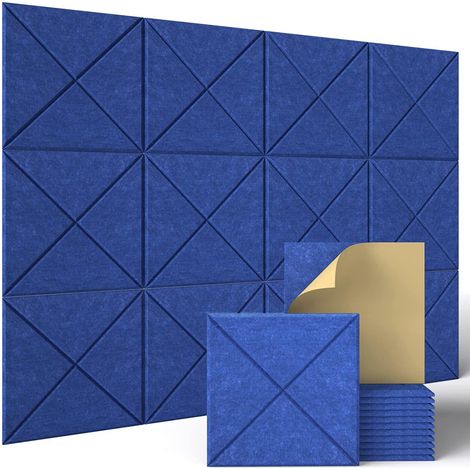 AUTRUCKER Lot de 12 panneaux d'isolation acoustique auto-adhésifs, panneaux muraux absorbants en fibre de polyester, bleus, 30 cm x 30 cm (1/4)