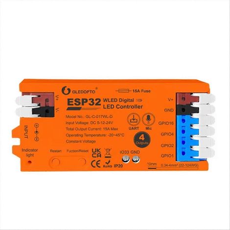 Contrôleur ESP32 WLED avec 4 sorties, fusible 15A, microphone, son, éclairage dynamique, relais à économie d'énergie, circuit intégré de conversion de niveau, orange (1/5)