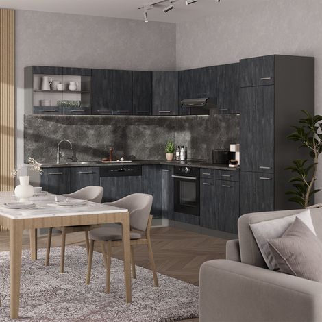 Eckküche R-Line, Schwarz Beton/Anthrazit, 287 x 227 cm ohne Arbeitsplatte, Vicco
