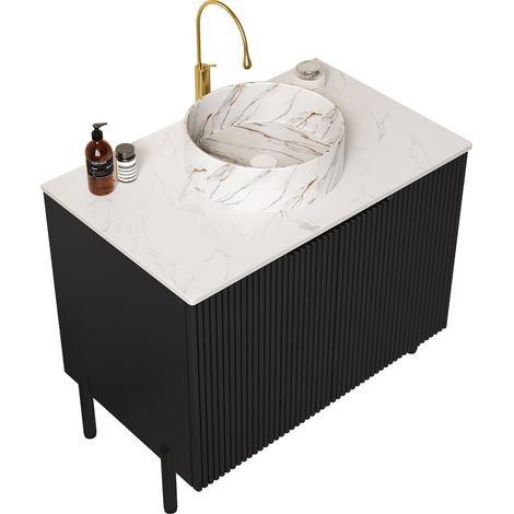 Meuble de salle de bain sur pied 76 cm avec vasque ronde en céramique blanche et plan en pierre carrara blanc, armoire rayée noire à double porte (1/5)