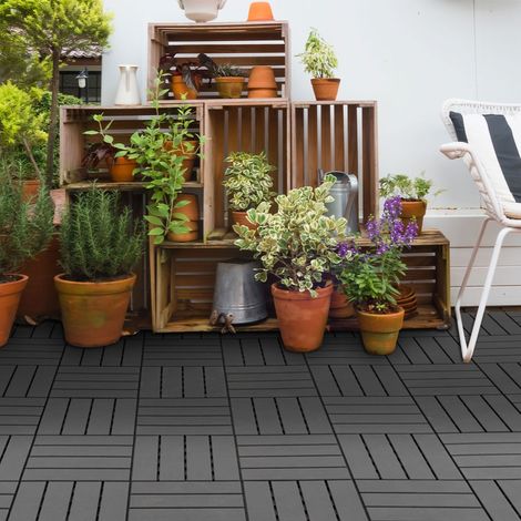 Set mit 9 quadratischen Fliesen (30 x 30 cm) mit einer Fläche von 0,81 m², Klicksystem, für Balkon, Terrasse und Garten, Schwarz