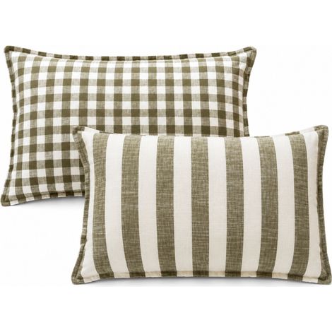 Housse de coussin recto-verso 100% coton rayures et vichy LOURMARIN Kaki 45x70 cm (1/5)