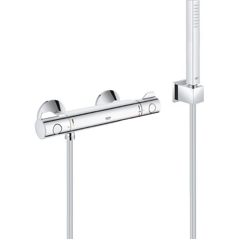 Grohe Duschset Thermostatmischer Grohtherm + Handbrause Stick 1 Strahl, Wandhalterung, Schlauch, Chrom (34558000-CUBESTICK)