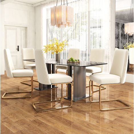 Silla de comedor de terciopelo, lote de 6, respaldo capitoné, beige HAVRYA (1/5)