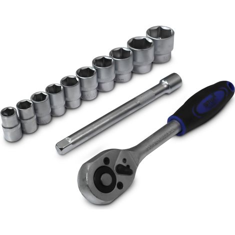Bituxx 12 Teiliges Nussatz Sechskant mit 200mm Ratsche 3/8" und 150mm Verlängerung Steck Nüsse Stecknuss Werkzeug Set