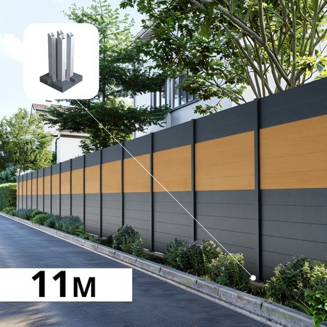 Kit Clôture Aluminium BAHIA & CRUZ cèdre 11,03x1,8m - Bois Composite & Aluminium - Poteaux Gris - Brise Vue - Palissade