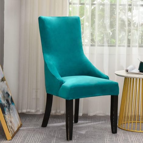 Velvet side chair cover with winged back - For kitchen, dining room, banquet decoration - Chair not included (K-blue) (1/5)