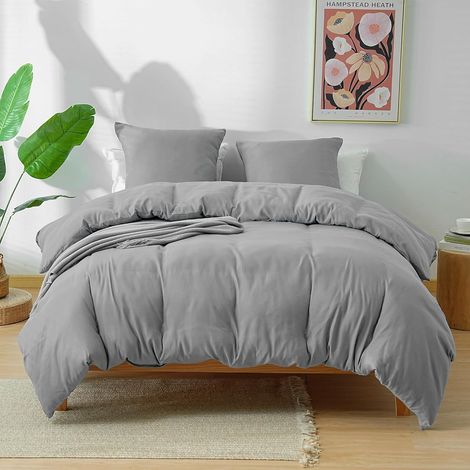 Parure de Lit 4 Pièces Housse de Couette 200x200cm + Drap Housse 140x190cm Bonnet 30cm + 2 Taies d'oreiller 65x65cm 2 Personnes Ensemble Housse de Couette Gris Clair Léger 80 Fils/cm² Microfibre (1/5)