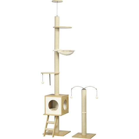 Arbre à chat sol au plafond hauteur réglable 225-285 cm avec poteau à gratter 4 niveaux niche hamac échelle jeux beige (1/5)