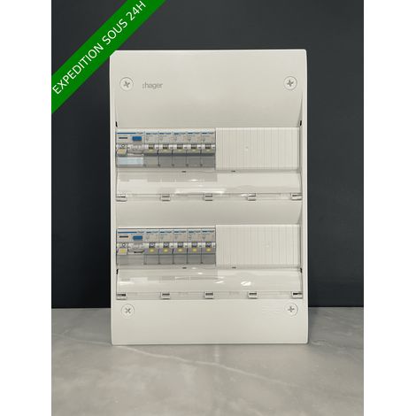 Hager – Tableau électrique équipé apparent 2 rangées de 13 modules – 1 différentiel 63A type A – 1 différentiel 63A type AC – 3 disjoncteurs 10A – 2 disjoncteurs 16A – 4 disjoncteurs 20A – 1 disjoncteur 32A